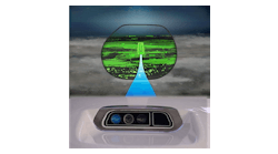 The FalconEye multi-sensor camera combines visual input with synthetic terrain mapping viewed through a head-up display (HUD). The FalconEye multi-sensor camera combines visual input with synthetic terrain mapping viewed through a head-up display (HUD).