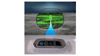 The FalconEye multi-sensor camera combines visual input with synthetic terrain mapping viewed through a head-up display (HUD).