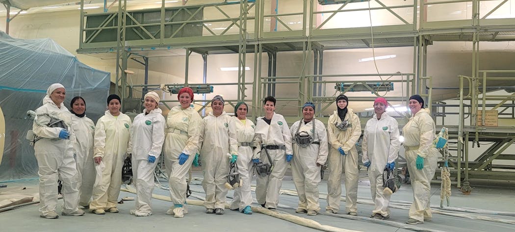 The all-female MAAS Aviation paint and inspections team on the shop floor in Mobile, Alabama.