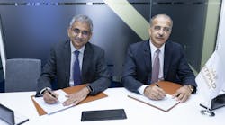 Venketrama Raja, chairman, Ramco Systems with Abdul Khaliq Saeed, CEO, Etihad Airways Engineering, during the signing ceremony at the 2023 MRO Middle East, Dubai.