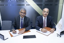 Venketrama Raja, chairman, Ramco Systems with Abdul Khaliq Saeed, CEO, Etihad Airways Engineering, during the signing ceremony at the 2023 MRO Middle East, Dubai. Venketrama Raja, chairman, Ramco Systems with Abdul Khaliq Saeed, CEO, Etihad Airways Engineering, during the signing ceremony at the 2023 MRO Middle East, Dubai.