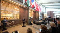 Purdue University President Mung Chiang discusses the collaboration with industry partners Ericsson and Saab during the announcement Monday (March 20) at the Niswonger Aviation Technology Building at Purdue Airport.