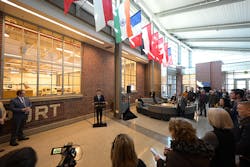 Purdue University President Mung Chiang discusses the collaboration with industry partners Ericsson and Saab during the announcement Monday (March 20) at the Niswonger Aviation Technology Building at Purdue Airport. Purdue University President Mung Chiang discusses the collaboration with industry partners Ericsson and Saab during the announcement Monday (March 20) at the Niswonger Aviation Technology Building at Purdue Airport.