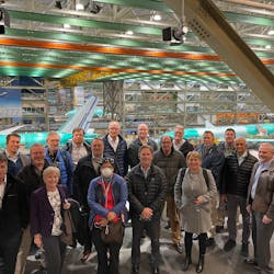 Members of NASA&rsquo;s Advanced Composites Consortium, including representatives from NASA, the Federal Aviation Administration, Boeing, Spirit Aerosystems, Collins Aerospace, Northrop Grumman, and Electroimpact during a tour of Boeing&rsquo;s facility in Everett, Washington.