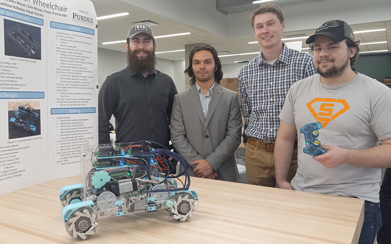A patent-pending, base-contracting wheelchair prototype designed by teams of recent graduates from the Purdue Polytechnic Institute, College of Engineering and College of Science is being developed to help passengers navigate airports and travel through aircraft aisles.