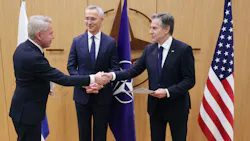 Finnish Foreign Affairs Minister Pekka Haavisto (L) shakes hands with US Secretary of State Antony Blinken, flanked by NATO Secretary-General Jens Stoltenberg (C) as he hands over Finland's accession to NATO documents, during a joining ceremony at a NATO - North Atlantic Council (NAC) Foreign Affairs ministers' meeting, at the NATO headquarters in Brussels, on April 4, 2023. - Finland on April 4 became the 31st member of NATO, wrapping up its historic strategic shift with the deposit of its accession documents to the alliance. Finnish Foreign Affairs Minister Pekka Haavisto (L) shakes hands with US Secretary of State Antony Blinken, flanked by NATO Secretary-General Jens Stoltenberg (C) as he hands over Finland's accession to NATO documents, during a joining ceremony at a NATO - North Atlantic Council (NAC) Foreign Affairs ministers' meeting, at the NATO headquarters in Brussels, on April 4, 2023. - Finland on April 4 became the 31st member of NATO, wrapping up its historic strategic shift with the deposit of its accession documents to the alliance.