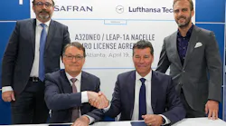The signing ceremony at MRO Americas included (left to right): Alexandre Husson, Safran Nacelles' head of sales aftermarket; Alain Berger, Safran Nacelles' executive vice president customer support & services; Sven Duve - Lufthansa Technik's senior director of Aircraft-Related Components; and Constantin Zachrau, Lufthansa Technik's senior director of sales in North America.
