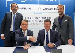 The signing ceremony at MRO Americas included (left to right): Alexandre Husson, Safran Nacelles' head of sales aftermarket; Alain Berger, Safran Nacelles' executive vice president customer support & services; Sven Duve - Lufthansa Technik's senior director of Aircraft-Related Components; and Constantin Zachrau, Lufthansa Technik's senior director of sales in North America. The signing ceremony at MRO Americas included (left to right): Alexandre Husson, Safran Nacelles' head of sales aftermarket; Alain Berger, Safran Nacelles' executive vice president customer support & services; Sven Duve - Lufthansa Technik's senior director of Aircraft-Related Components; and Constantin Zachrau, Lufthansa Technik's senior director of sales in North America.