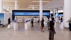 A future rendering of the lobby of Seattle-Tacoma International Airport — featuring technology designed to get guests through the lobby in 5 minutes or less.