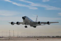 An RC-135 Rivet Joint reconnaissance aircraft assigned to the 55th Wing, Offutt Air Force Base, Nebraska, takes off for a Weapons School Integration (WSINT) mission at Nellis Air Force Base, Nevada, Nov. 21, 2022. The RC-135V/W Rivet Joint reconnaissance aircraft supports theater and national level consumers with near real time on-scene intelligence collection, analysis and dissemination capabilities.