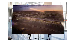A rendering of the planned Terminal F during a press conference at Terminal C in DFW International Airport on Tuesday, May 16, 2023. DFW International Airport and American Airlines have come to a deal for $4.8 billion in expansions, including $1.6 billion for the new terminal that would include 15 new gates.