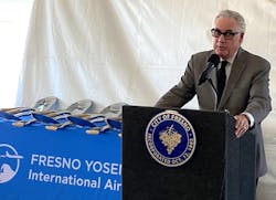 An array of ceremonial shovels awaits as state Assemblymember Jim Patterson, R-Fresno, speaks at the groundbreaking the Fresno Yosemite International Airport terminal expansion on Friday, May 19, 2023. Patterson was Fresno s mayor in the mid- and late 1990s and 2000 when the name of the airport was changed from Fresno Air Terminal and the current terminal was last renovated and expanded.