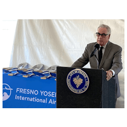 An array of ceremonial shovels awaits as state Assemblymember Jim Patterson, R-Fresno, speaks at the groundbreaking the Fresno Yosemite International Airport terminal expansion on Friday, May 19, 2023. Patterson was Fresno s mayor in the mid- and late 1990s and 2000 when the name of the airport was changed from Fresno Air Terminal and the current terminal was last renovated and expanded.
