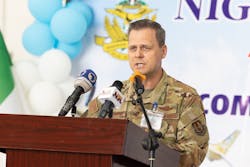 Brig. Gen. Joel Safranek, director of the Air Force Life Cycle Management Center&apos;s Air Force Security Assistance and Cooperation Directorate, gives his remarks during ceremonies celebrating recently completed base infrastructure improvements, at Kainji Air Force Base, Nigeria, April 27, 2023. The construction was part of the historic $500 million U.S. foreign military sale to Nigeria, which also includes the delivery of the 12 A-29 Super Tucano aircraft, munitions and training.