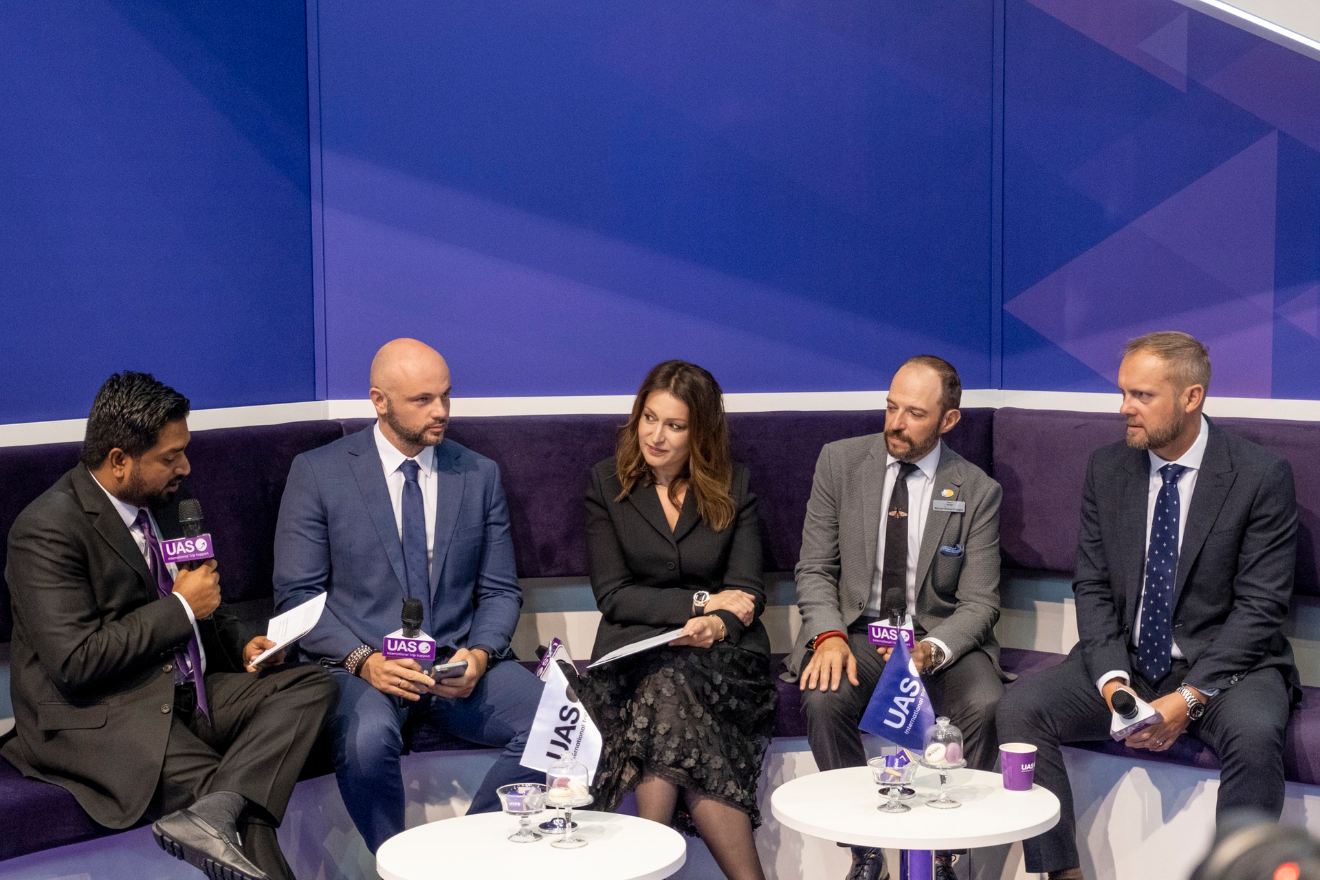 UAS talks about Trip Support challenges at EBACE 2023 and the value trusted professional partners bring. Pictured, from left, are Desigen Vythilingum - UAS Director of Vendor Relations & Global Network; Evgeny Shadov &ndash; Head of Commercial and Marketing, General Aviation Services; Ana Marojevic, CEO and General Director, Flystar; Manuel Romero Vargas, Managing Director Manny Aviation; and Will Holroyd - Commercial Director, Harrods Aviation.