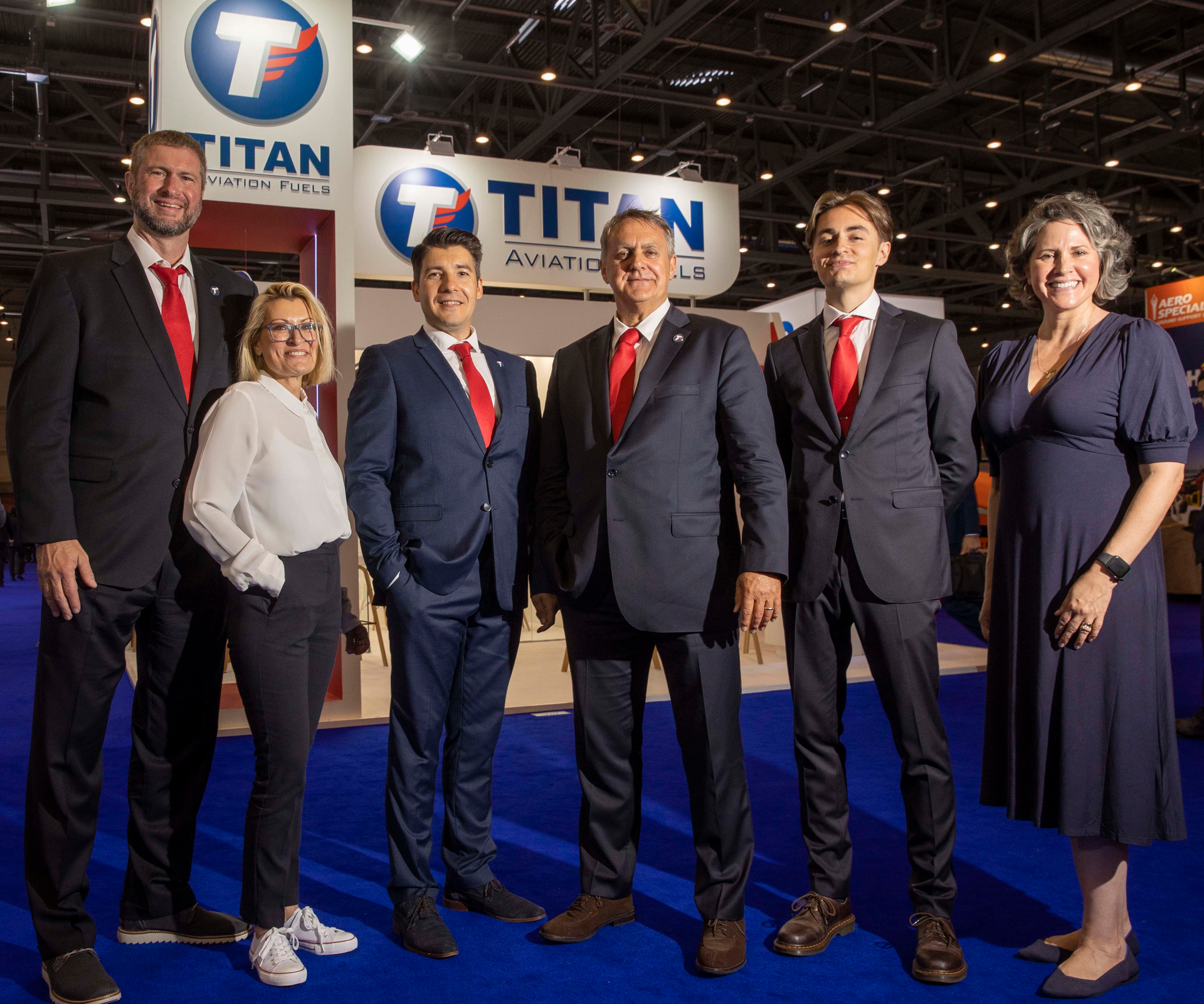 The TITAN Aviation Fuels international team - L to R &ndash; David Sierzant, Senior VP contract fuel, TITAN US; Valerie Bouthiaux, Managing Director; Lorin Popescu, CFO; Daniel Coetzer, CEO; Alexi Coetzer, Account Manager all TITAN International; Rhonda Bernthal, Director of Marketing, TITAN US.