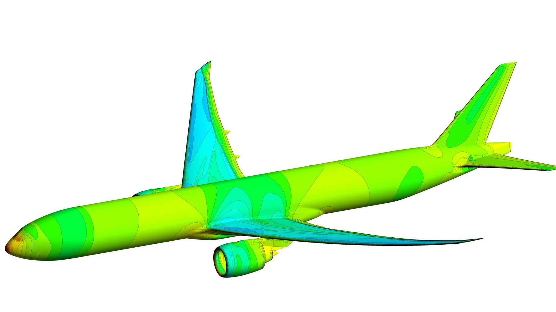 Using Ansys CFX, Lufthansa Technik created a CFD model of the Boeing 777-300ER including realistic wing shape. This helped determine the pressure distribution and corresponding forces and moments which act on the aircraft.