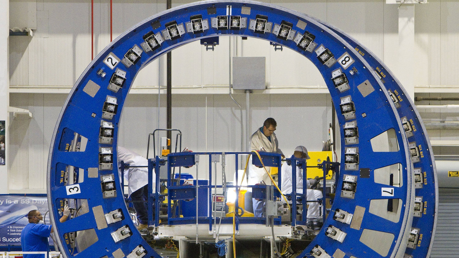 Workers at the 787 plant in North Charleston, S.C., fabricate and install airplane systems for the rear-fuselage sections of the Dreamliner.