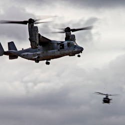 A Marine Corps Osprey MV-22 flies during preview day for the MCAS Miramar Airshow on September 26, 2019 in San Diego, California.