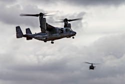 A Marine Corps Osprey MV-22 flies during preview day for the MCAS Miramar Airshow on September 26, 2019 in San Diego, California. A Marine Corps Osprey MV-22 flies during preview day for the MCAS Miramar Airshow on September 26, 2019 in San Diego, California.
