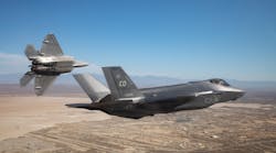 Two F-35s from the 461st Flight Test Squadron fly in the skies above Edwards Air Force Base, Calif. The squadron recently took flight with a complement of software applications developed by government and industry providers previously tested on the F-22 Raptor &ndash; demonstrating for the first time the ability to use the same tactical software applications on both stealth fighters.