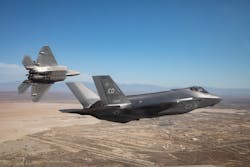 Two F-35s from the 461st Flight Test Squadron fly in the skies above Edwards Air Force Base, Calif. The squadron recently took flight with a complement of software applications developed by government and industry providers previously tested on the F-22 Raptor &ndash; demonstrating for the first time the ability to use the same tactical software applications on both stealth fighters.