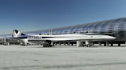 Boom announced at the Paris Air Show significant advances on Overture, its sustainable, supersonic aircraft, including milestones for its Symphony engine. Pictured is an image of Overture at Paris Charles de Gaulle Airport.