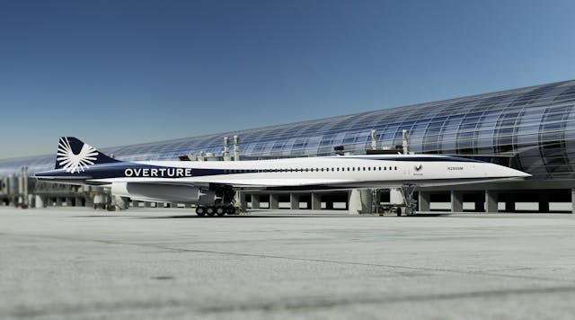 Boom announced at the Paris Air Show significant advances on Overture, its sustainable, supersonic aircraft, including milestones for its Symphony engine. Pictured is an image of Overture at Paris Charles de Gaulle Airport.