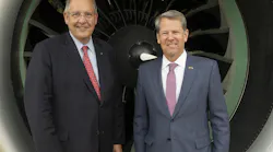 Pratt & Whitney announced a $206 million investment plan to expand the capabilities and footprint of its Columbus, Georgia, business, which supports commercial and military engine programs. Pictured (L to R): RTX CEO Greg Hayes and Georgia Gov. Brian Kemp.