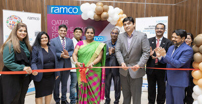 Her Excellency, Mrs. Angeline Premalatha, Embassy of India (C) along with Rohan Raghunath (R), Regional Head - Middle East & Africa and the Ramco Systems team, at the inauguration of Ramco&rsquo;s new office in Doha, Qatar.