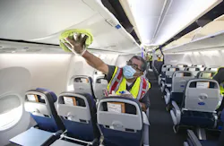 Cleaning supervisor Jose Mendoza disinfects a United Airlines jet cabin before passengers are allowed to board at LAX on July 9, 2020 in Los Angeles. Reauthorization of the FAA is one of the more pressing issues on the to-do list for Congress this summer. Cleaning supervisor Jose Mendoza disinfects a United Airlines jet cabin before passengers are allowed to board at LAX on July 9, 2020 in Los Angeles. Reauthorization of the FAA is one of the more pressing issues on the to-do list for Congress this summer.