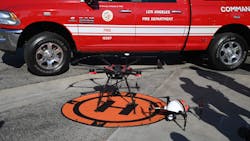 Drones, such as this one seen in Los Angeles in 2019, are proving to be a game changer for emergency responders who are increasingly using the technology to spot fires, detect toxic gas or to locate missing people or suspects, experts say. Drones, such as this one seen in Los Angeles in 2019, are proving to be a game changer for emergency responders who are increasingly using the technology to spot fires, detect toxic gas or to locate missing people or suspects, experts say.