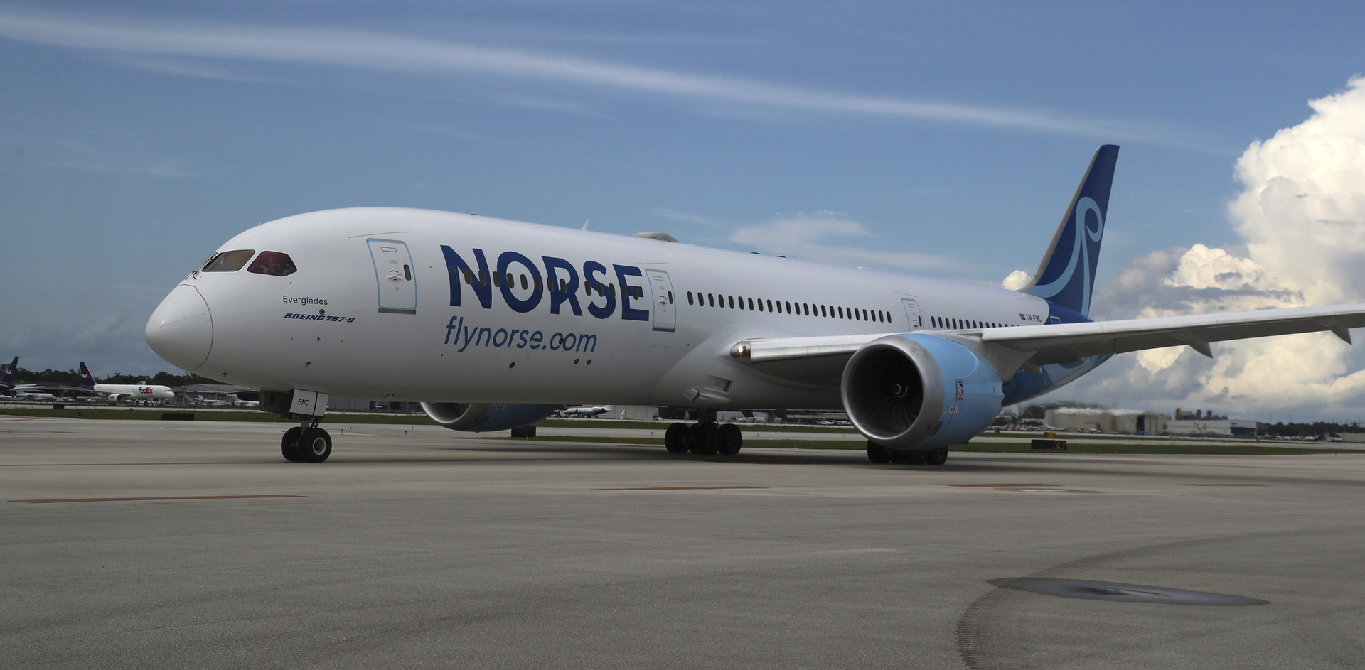 Norse Atlantic Airways taxis down the runway during its inaugural flight from Fort Lauderdale-Hollywood International Airport to Oslo, Norway, in June 2022.