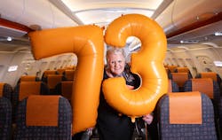 easyJet is celebrating the birthday of their oldest employee, cabin crew member, Pam Clark. easyJet is celebrating the birthday of their oldest employee, cabin crew member, Pam Clark.