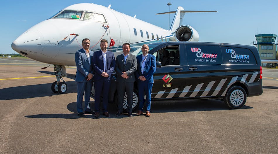 Gautam Thakkar, CEO, Unifi; Stefan Murphy, MD, Up &amp; Away Aviation Services with Simon McCartney, COO, Up and Away Aviation Detailing and Craig Ellie, COO, Up and Away Aviation Services.
