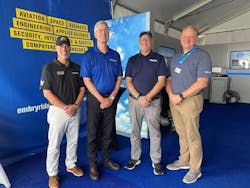 Embry-Riddle College of Aviation Dean Tim Holt and President P. Barry Butler, Ph.D., attended a ceremony at EAA AirVenture Oshkosh this week, with Frasca International President John Frasca and Richard Lofton, director of commercial sales operations for FlightSafety International, to celebrate a new $5 million agreement to bring new flight-training equipment to the Prescott Campus. Embry-Riddle College of Aviation Dean Tim Holt and President P. Barry Butler, Ph.D., attended a ceremony at EAA AirVenture Oshkosh this week, with Frasca International President John Frasca and Richard Lofton, director of commercial sales operations for FlightSafety International, to celebrate a new $5 million agreement to bring new flight-training equipment to the Prescott Campus.