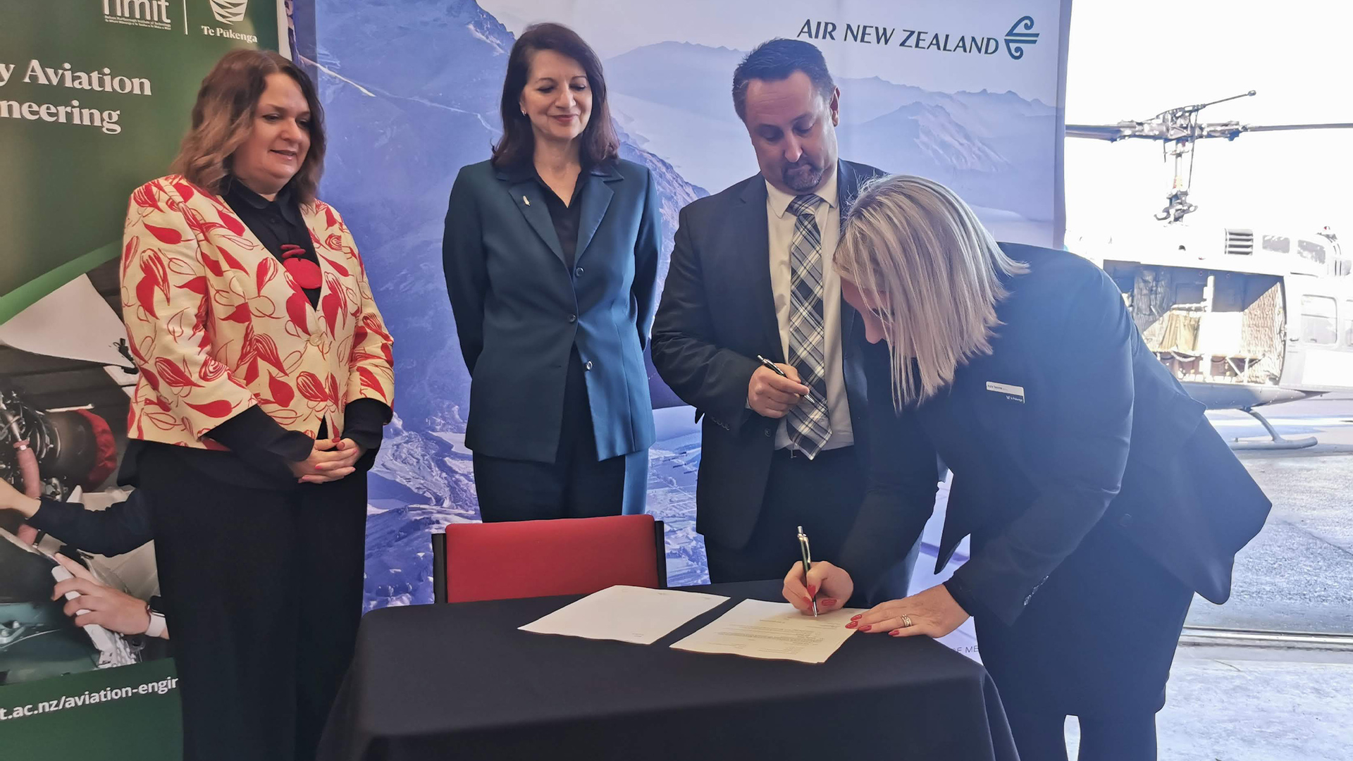 Pictured from left: Minister of Education Jan Tinetti; Alex Marren, chief operating officer, AIRNZ; Brendon McWilliam, general manager, aircraft maintenance and delivery, AIRNZ; Kate Neame, interim operations lead, NMIT Te P&umacr;kenga.