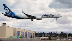 A Boeing 737 MAX-9, built for Alaska Airlines, undergoes testing as it flies past the Boeing factory in Everett Washington on March 23, 2020. A Boeing 737 MAX-9, built for Alaska Airlines, undergoes testing as it flies past the Boeing factory in Everett Washington on March 23, 2020.