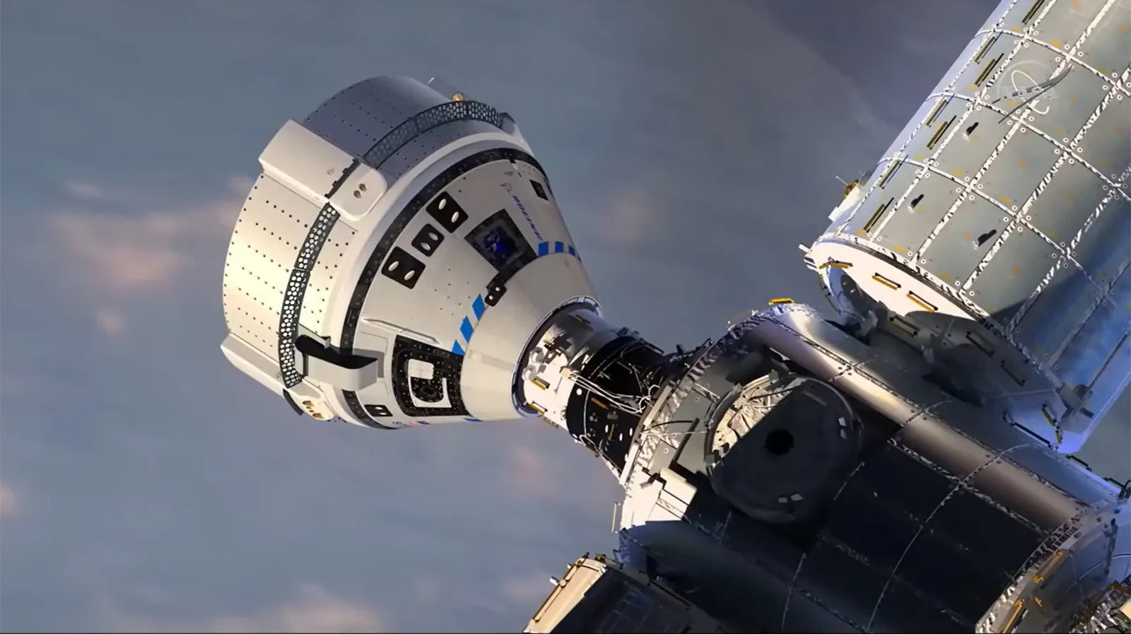 This rendering shows the Boeing CST-100 Starliner docked to the International Space Station.