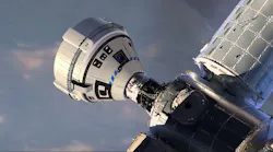 This rendering shows the Boeing CST-100 Starliner docked to the International Space Station.