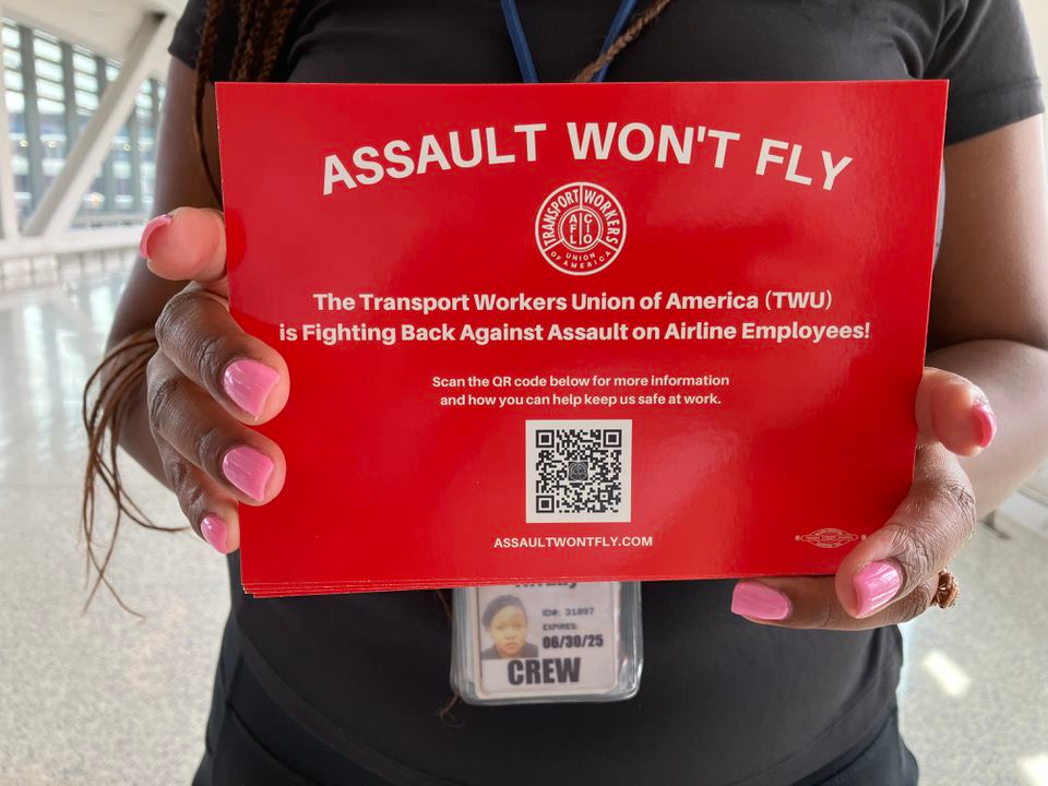 A card handed out to passengers at Newark Liberty Airport on Tuesday provides information about efforts to stop abuse and assault on flight crews, which includes a federal legislation to ground violent offenders.