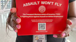 A card handed out to passengers at Newark Liberty Airport on Tuesday provides information about efforts to stop abuse and assault on flight crews, which includes a federal legislation to ground violent offenders.