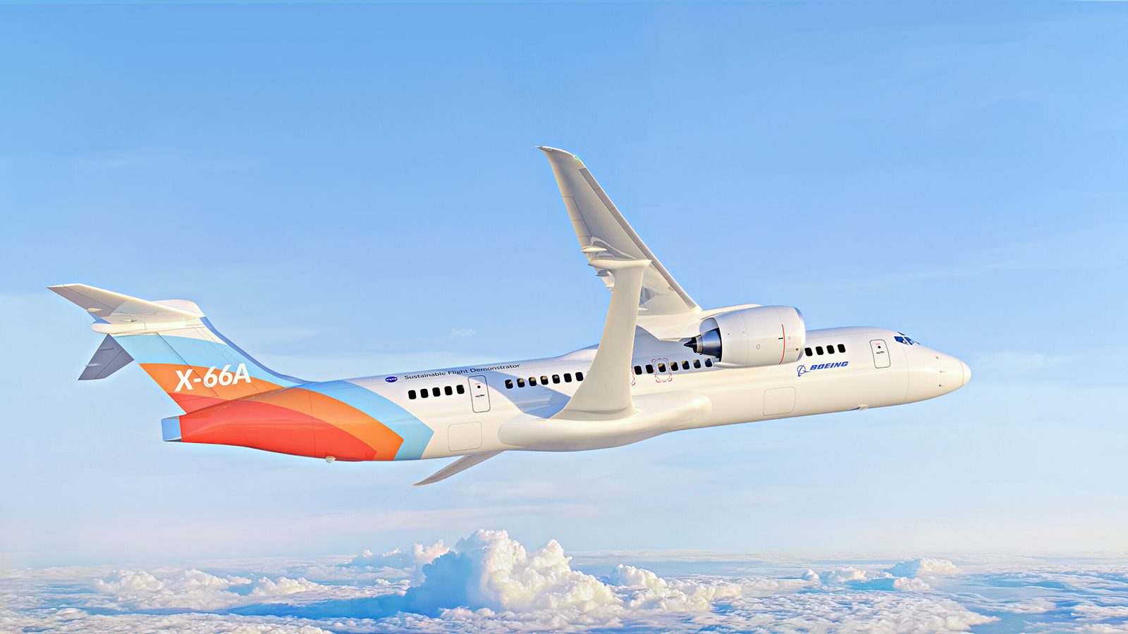 Concept renderings of the proposed NASA and Boeing X-66A jet, meant to be a more sustainable commercial jet.