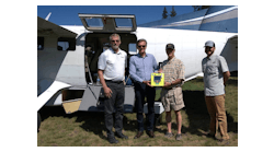 Delivering the Daher-sponsored ZOLL 3 defibrillator to Cavanaugh Bay with the Kodiak 100 are: Nicolas Chabbert, Senior Vice President of Daher&rsquo;s Aircraft Division and CEO of Kodiak Aircraft (second from left); with David Schuck, Senior Advisor at Kodiak Aircraft (at left). They are joined by Sam Perez, organizer of the Backcountry Aviation Defibrillator Project (at right); and Don McIntosh, District 1 Director for the Idaho Aviation Association.