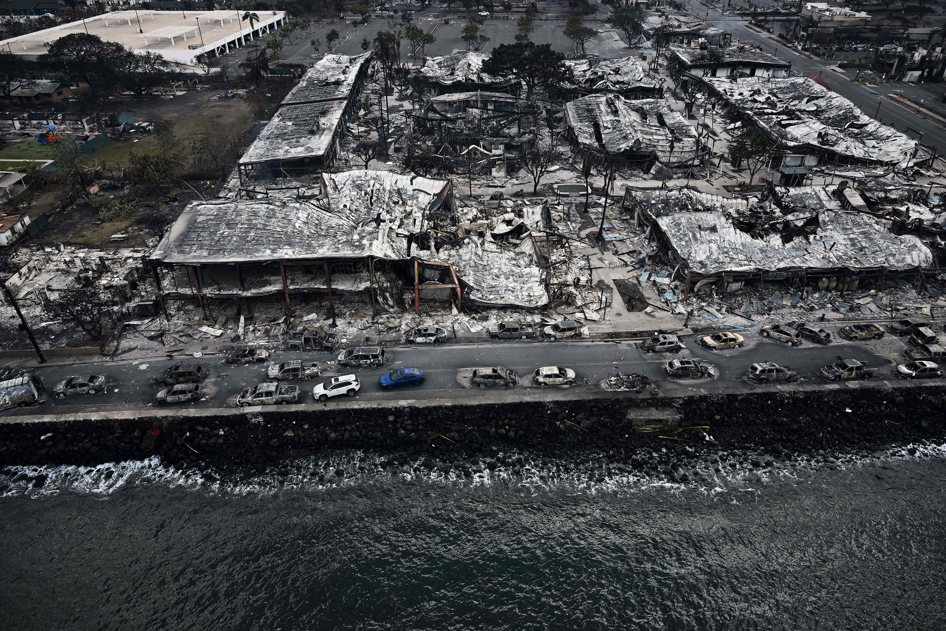 An aerial image taken on Aug. 10, 2023, shows destroyed buildings on the waterfront burned to the ground in Lahaina in the aftermath of wildfires in western Maui, Hawaii.