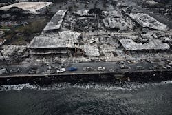 An aerial image taken on Aug. 10, 2023, shows destroyed buildings on the waterfront burned to the ground in Lahaina in the aftermath of wildfires in western Maui, Hawaii. An aerial image taken on Aug. 10, 2023, shows destroyed buildings on the waterfront burned to the ground in Lahaina in the aftermath of wildfires in western Maui, Hawaii.
