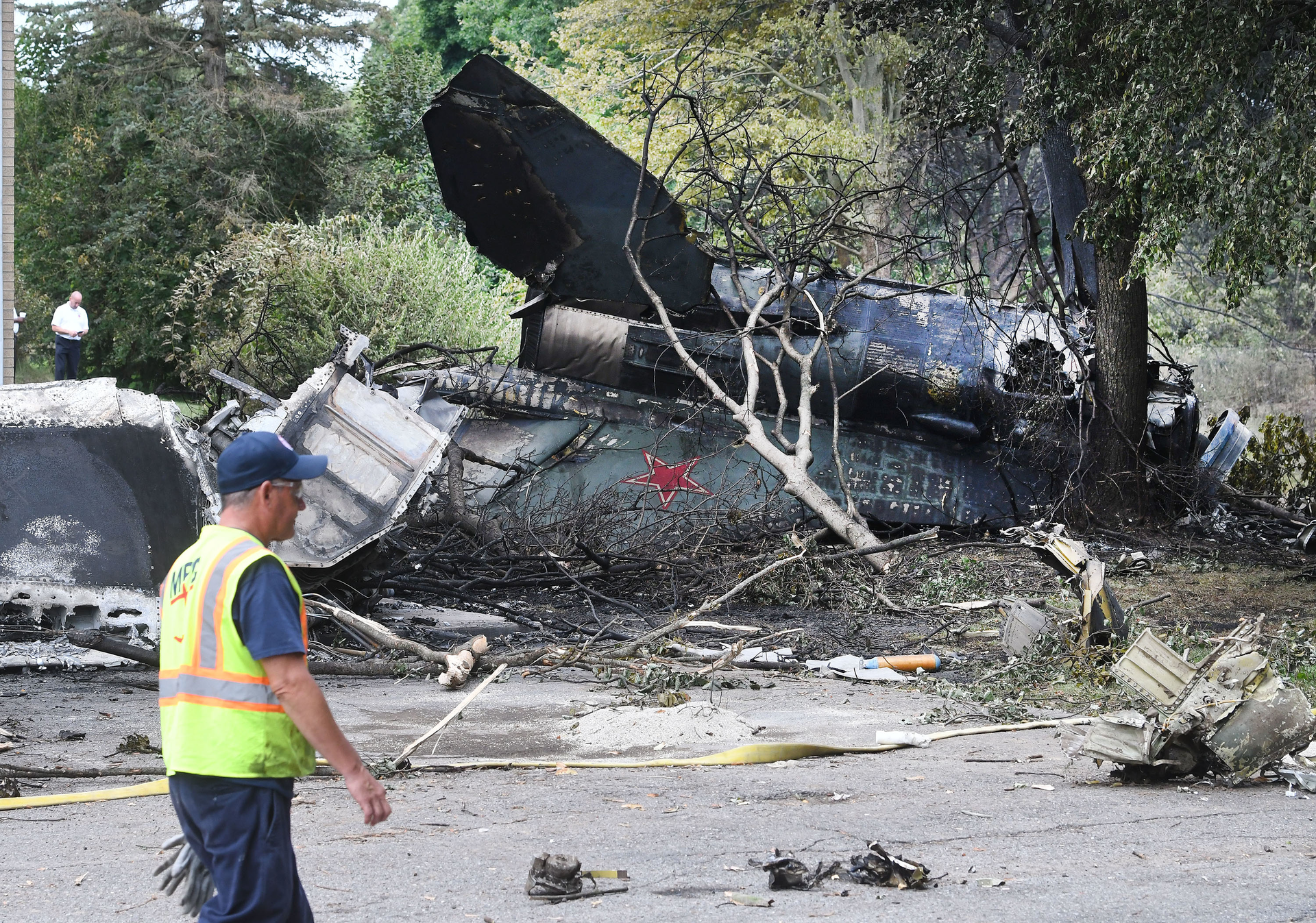 A MiG-23UB fighter plane crashed during the 25th Thunder Over Michigan at Willow Run Airport at an apartment complex, The Waverly on the Lake, in Belleville, Michigan, seen on Monday, Aug. 14, 2023.
