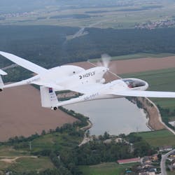 H2FLY&rsquo;s HY4 electric demonstrator aircraft flying above Maribor, Slovenia, powered by liquid hydrogen.