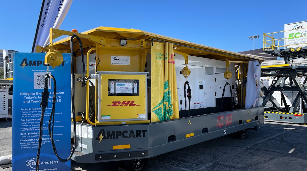 The AmpCart, a towable charging station, is part of Oshkosh&apos;s strategy to create a more electric, sustainable future and was on display at the 2023 GSE Expo.