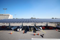 Installed by Cherry Street Energy in 2021, solar panels are seen at Signature Flight Support at Hartsfield-Jackson Atlanta International Airport on Thursday, Sep. 7, 2023. The city of Atlanta plans to contract Cherry Street Energy to install solar panels to help power airport buildings.